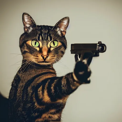 Image similar to a cat holding a gun pointed at the camera, professional photography