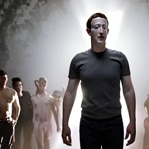 Prompt: Zuckerberg as the God of Sweet baby Rays movie still, cinematic Eastman 5384 film