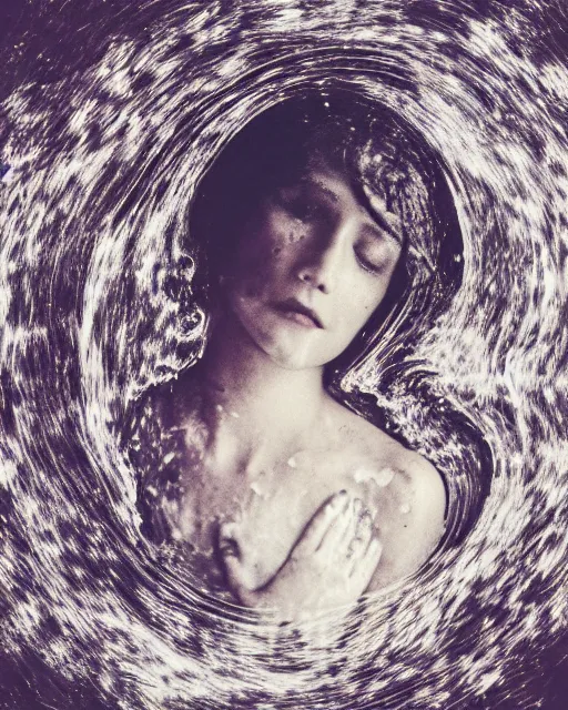 Prompt: oversaturated, burned, light leak, expired film, photo of a woman's serene face submerged in a flowery milkbath, rippling liquid, vintage glow, sun rays, monochrome, glitched pattern