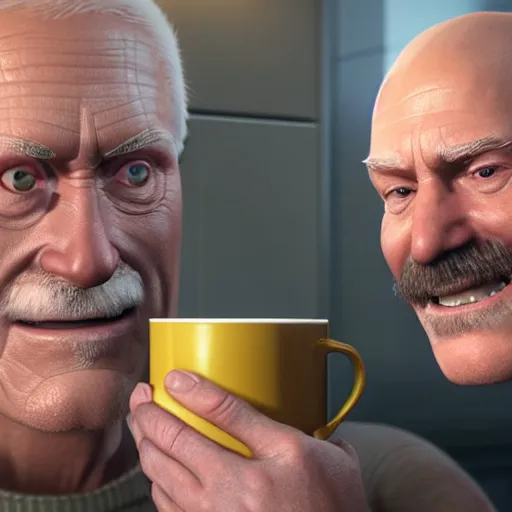 Prompt: hide the pain harold ; cinematic screenshot ; crisp sharp focus ; ultra realistic, concept art, intricate details, cool forced smile at office with cup in hand, highly detailed, photorealistic, octane render, 8 k, unreal engine. art by artgerm and greg rutkowski and charlie bowater and magali villeneuve and alphonse mucha