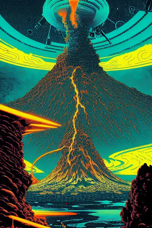 Prompt: artwork by kilian eng and dan mumford and toshi yoshida and franklin booth and peter doig showing a futuristic powerstation!! in front of an exploding volcano, vintage scifi, high details, dramatic lightning, 8 k