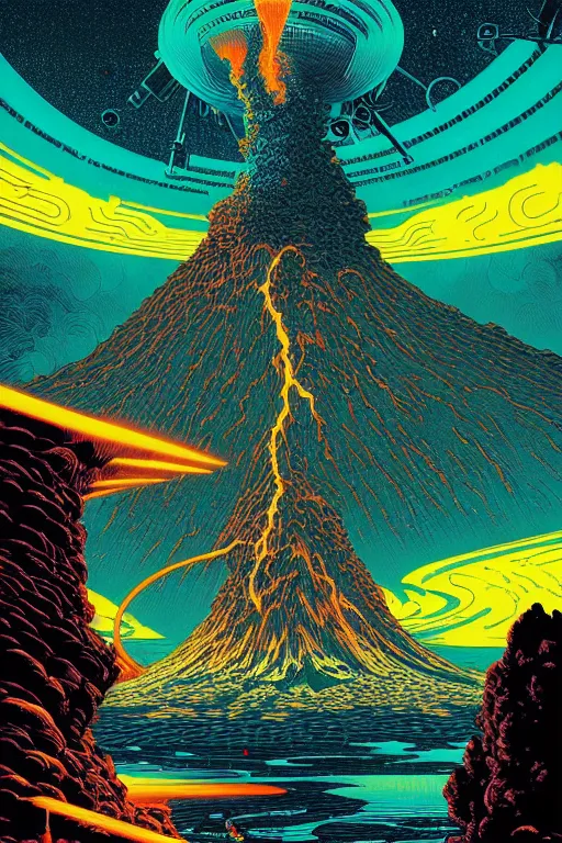 Image similar to artwork by kilian eng and dan mumford and toshi yoshida and franklin booth and peter doig showing a futuristic powerstation!! in front of an exploding volcano, vintage scifi, high details, dramatic lightning, 8 k