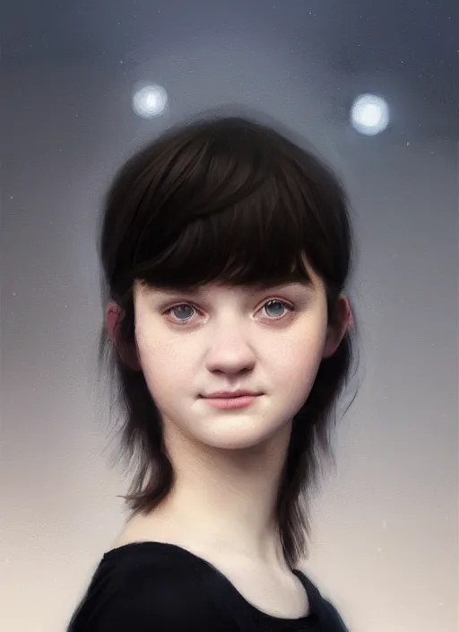 Prompt: portrait of teenage shannon purser, narrow face, black hair, bangs, half updo hairstyle, bangs, intricate, elegant, narrower face, slightly defined jawline, glowing lights, highly detailed, subtle awkward smile, digital painting, artstation, concept art, smooth, sharp focus, illustration, art by wlop, mars ravelo and greg rutkowski