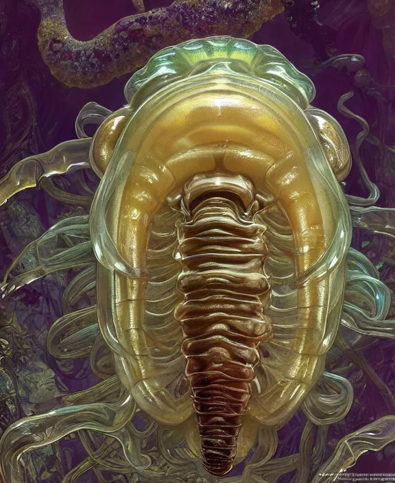 Image similar to intricate opulent transparent clear see - through portrait of a terrifying beautiful male human isopod sea slug, mottled coloring, adorable, childlike, overgrown biopunk jungle environment, ultra realistic, concept art, art nouveau, photorealistic, octane render, 8 k, unreal engine. art by christopher marley and artgerm and greg rutkowski and alphonse mucha