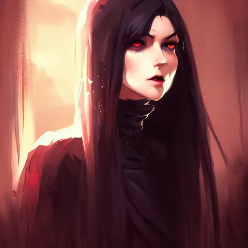 Image similar to female human vampire witch in the style of greg rutkowski, makoto shinkai, trending on artstation, character design, concept art, pretty face, highly detailed, long black hair, portrait, digital art