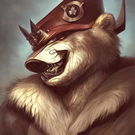 Image similar to dashing charming grinning charismatic bear beast-man rogue, wearing captain's tricorne hat, naval background, amazing, lifelike award winning pencil illustration trending on art station artgerm Greg rutkowski cinematic