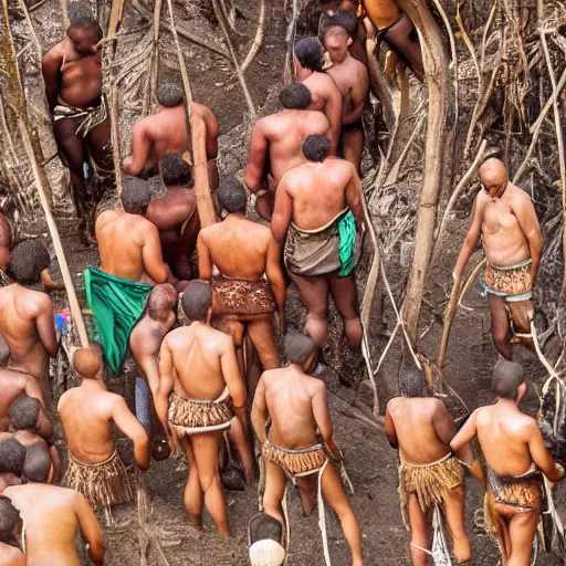 Prompt: aerial hd photograph of a uncontacted crowd of scantly clad african congo tribe looking into camera