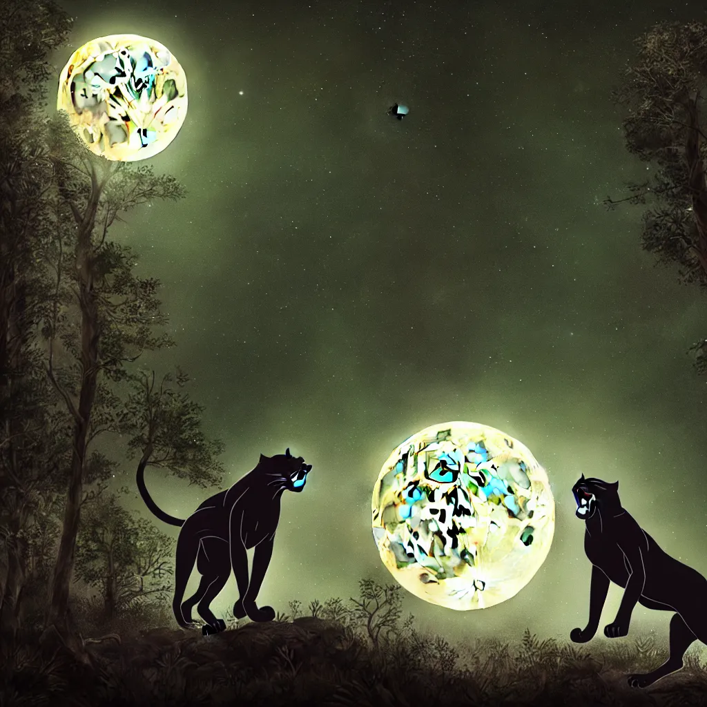 Image similar to a panther roaring at the moon in a forest during the night, large moon in the center. high quality. artistic. illustration. 4 k. cinematic. photoreal. highly detailed. dramatic. dark colors. night.