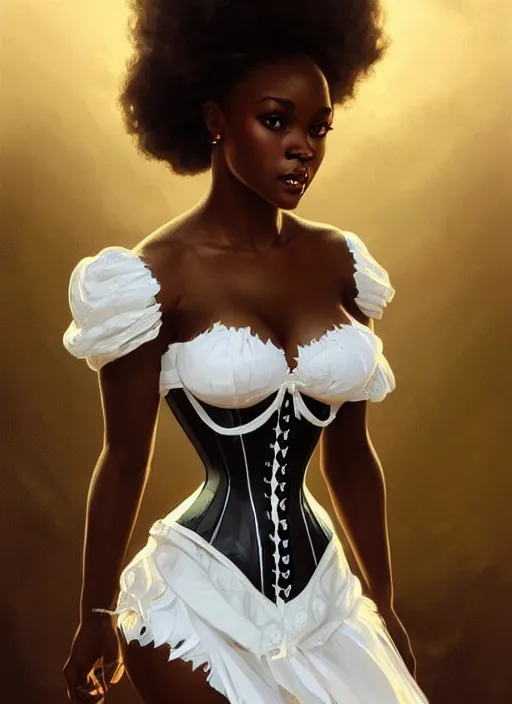 Image similar to cute black woman wearing a white corset dress, fantasy, intricate, highly detailed, digital painting, artstation, concept art, wallpaper, smooth, sharp focus, illustration, art by artgerm and greg rutkowski and alphonse mucha