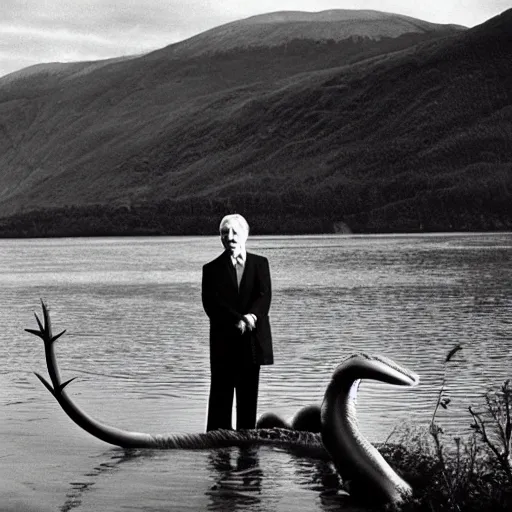 Image similar to Sir David Attenborough at a lake, with Loch Ness Monster Nessie plesiosaur in the water