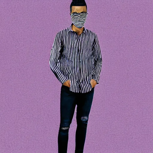 Image similar to professional sketch of a full-body view of a stylish young adult man with short hair wearing a black face mask, a striped long-sleeved shirt, and ripped jeans, high quality, HD, 8K, highly detailed, award-winning, dark purple clouds