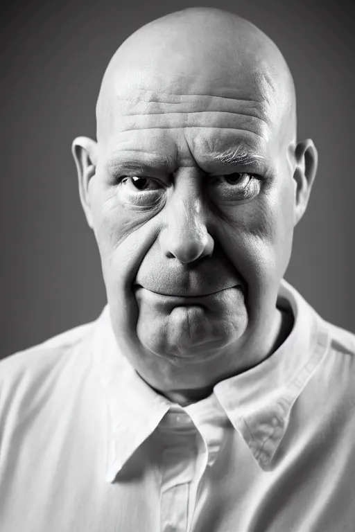 Prompt: studio portrait of man that looks excactly like homer simpson, lookalike, as if homer simpson came to life, soft light, black background, fine details, close - up, award winning photo by lisa kristine