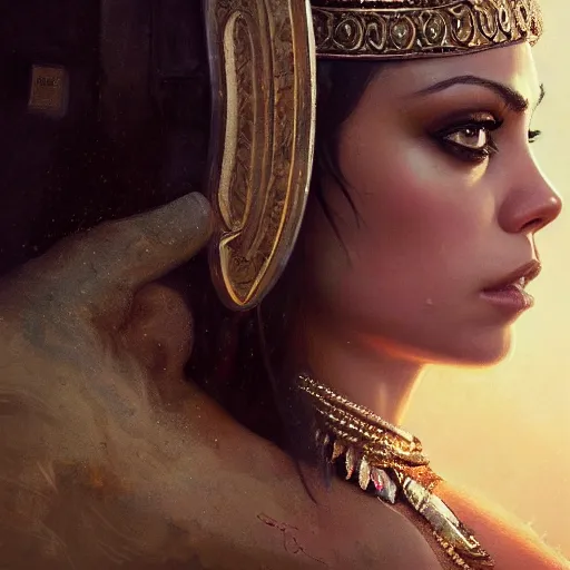 Prompt: closeup portrait of mila kunis as cleopatra, palace background, dramatic light, gorgeous view, depth, high detail, digital art, painted by seb mckinnon and greg rutkowski, trending on artstation