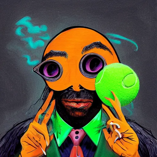 Image similar to snoop dogg tennis ball monster ,tennis ball, digital art, smoke, fantasy,chalk, magic, trending on artstation, ultra detailed, professional illustration by Basil Gogos