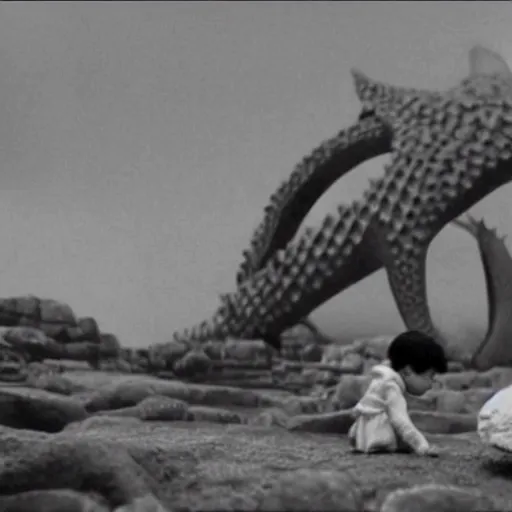 Prompt: a couple escaping from a giant Kaiju Starfish Monster over a traditional Korean village, minimal cinematography by Akira Kurosawa, movie filmstill, film noir, thriller by Fritz Lang and Shin Sang-ok