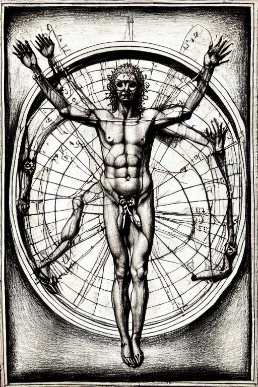 Prompt: hyper realistic drawing of the god apollo, a manuscript in the style of the vitruvian man, stylized sun, drawing by leonardo davinci, hr giger, manuscript, bussiere, extremely detailed, intricate border, horror mood, sinister mood