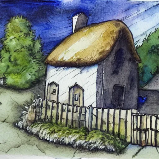 Prompt: a watercolor and ink painting of a cottage, drawn on white parchment paper, vibe, atmosphere, detailed, muted colors