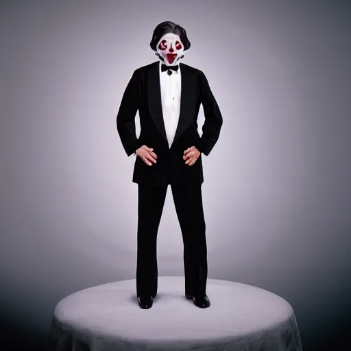 Image similar to highly detailed full body portrait of a space demon in a tuxedo, by gottfried helnwein, by richard estes, studio lighting, sigma 8 5 mm f / 1. 4