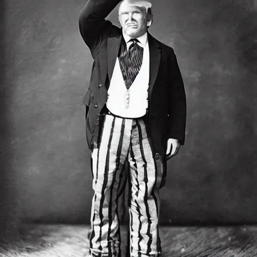 Prompt: trump dressed as old-timey circus strong man, 1900s black and white photo