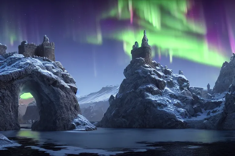 Image similar to a very detailed concept art of game of thrones gates to aurora borealis mountains, trending on artstation, digital art, 4 k, hyper realistic, octane render, sharp focus