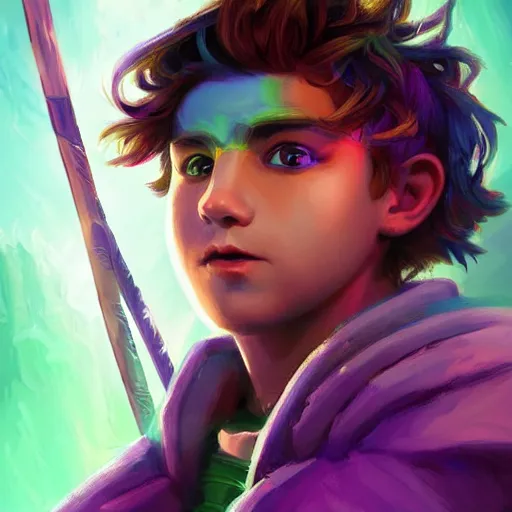 Image similar to a stylized portrait of a young boy with wavy brown hair and green eyes as an evil barbarian warlord, stylized, arcane magic, blue and purple vapor, neon color, vivid color, lens flare, volumetric light from below, background by justin gerard, hyperdetailed concept art by Ross Tran and Greg Rutkowski, high quality DnD illustration, trending on ArtStationHQ, 8k