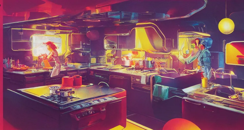 Image similar to IKEA catalogue photo of a kitchen on a spaceship, by Paul Lehr