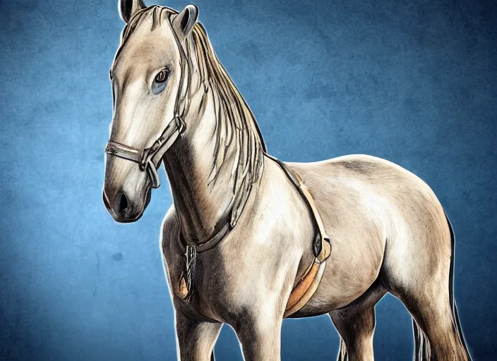 Prompt: concept art of algie infected stallion, carrying a saddle bag, digital art, photo realistic, highly detailed