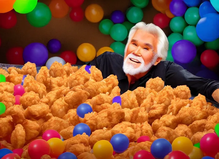 Image similar to photo still of kenny rogers in a ball pit filled with fried chicken!!!!!!!! at age 4 6 years old 4 6 years of age!!!!!!!! hiding from parents, 8 k, 8 5 mm f 1. 8, studio lighting, rim light, right side key light