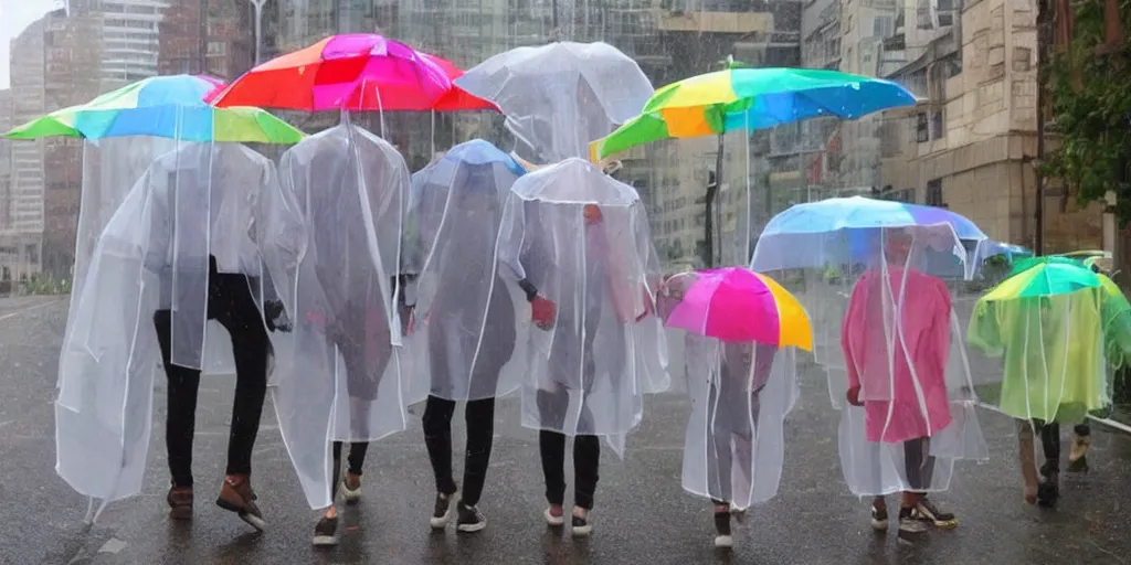 Image similar to transparent raincoats holding transparent umbrellas