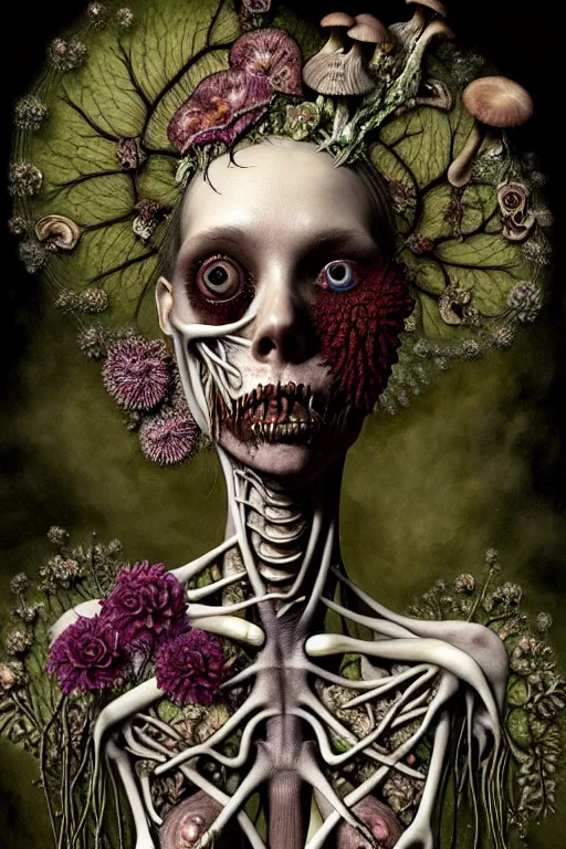 Image similar to very sad and detailed rotten woman corpse with fractal plants and fractal flowers and mushrooms growing around, face muscles, veins, arteries, bones, anatomical, intricate, ornate, surreal, ray caesar, john constable, guy denning, dan hillier