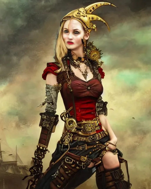 Prompt: a beautiful young female steampunk pirate wearing leather armor on gold and red trimmings on green, very cool pose, pirate ship with an epic sky background, slightly smiling, by Charlie Bowater Annie Leibovitz, zhuoxin ye, cinematic lighting and composition, fantasy painting, very detailed, ornate, 8k trending on artstation and pinterest, deviantart, google images