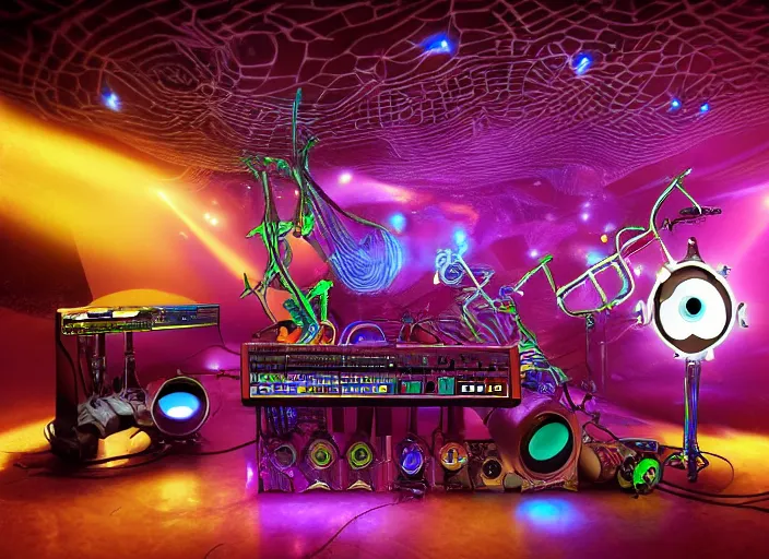 Prompt: strange surrealist detailed alien electronic-musical-instruments!! and acoustic-musical-instruments!! with blinking LEDs, backlit fog, space station lounge setting, photorealistic, studio lighting, 8k, hd