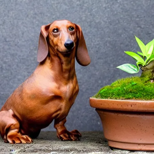 Image similar to Old wood dachshund with leaves, growing in a bonsai pot