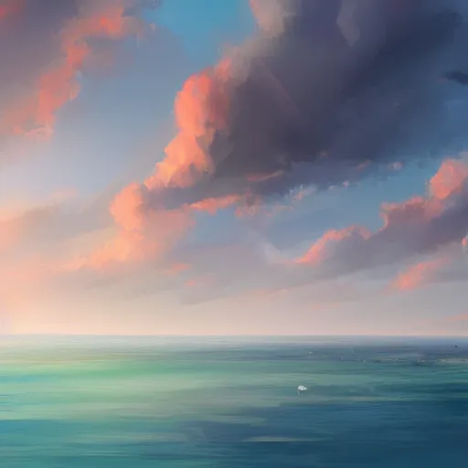 Image similar to painterly concept art landscape with oceans, clouds, and birds