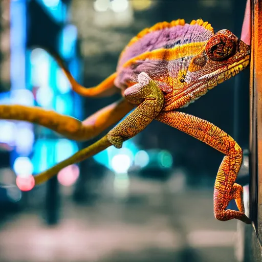 Image similar to a high quality low wide angle photo of a chameleon on the streets of a cyberpunk city, rainy, reflective ground, neon lights, realism, 8k