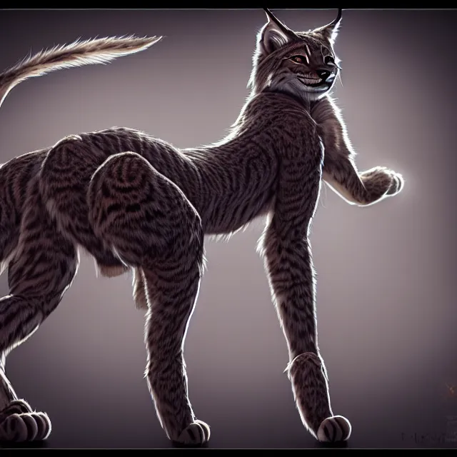 Image similar to the full body of anthropomorphic lynx fursona from behind wearing a steampunk suit as unimaginably beautiful, gorgeous, elegant, young woman with lynx head, an ultrafine hyperdetailed illustration by furaffinity, intricate linework, white fur, unreal engine 5 highly rendered, global illumination, radiant light, detailed and intricate environment, no feral, no taur