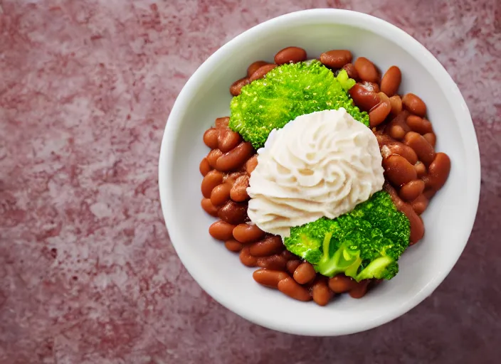 Image similar to food photo still of soft serve swirled frozen yogurt topped with baked beans and broccoli, 8 5 mm f 1. 8 studio lighting