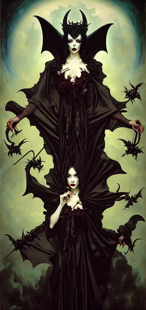 Image similar to baroque oil painting of vampire queen in gothic robes with bat wings, by nekro, peter mohrbacher, alphonse mucha, brian froud, yoshitaka amano, kim keever, victo ngai, james jean