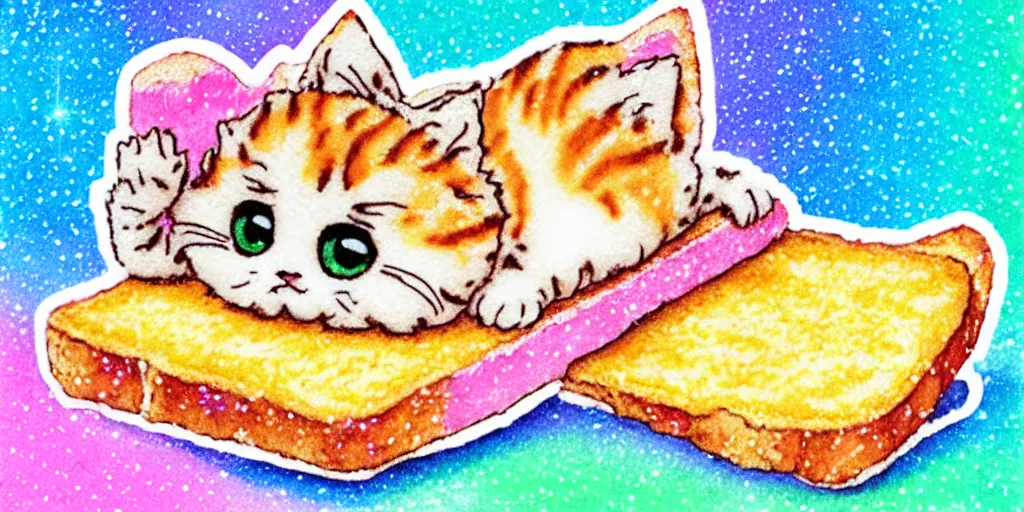 Image similar to a tiny kitten sleeping on a slice of bread, puffy sticker, glitter sticker, kawaii by studio ghibli, by lisa frank 8 k pastel colours, isometric, smeared watercolours,