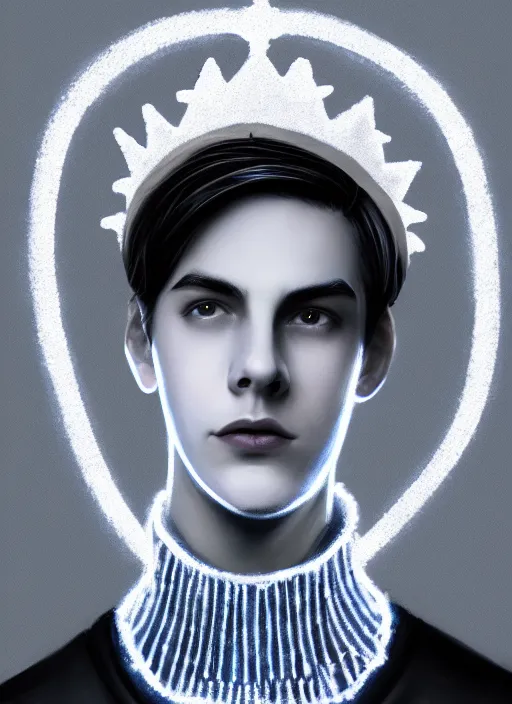 Image similar to portrait of teenage jughead jones wearing a light grey crown, crown, blue turtleneck, 1 9 5 0 s, closed eyes, photorealistic, black hair, glowing lighting, intricate, elegant, glowing lights, highly detailed, digital painting, artstation, concept art, smooth, sharp focus, illustration, art by wlop, mars ravelo and greg rutkowski