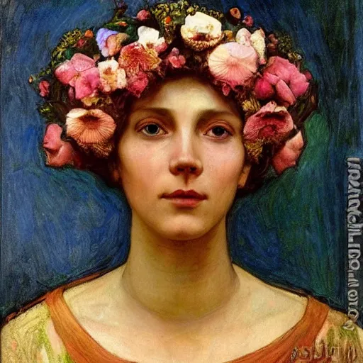 Prompt: the flower crown, by Annie Swynnerton and Nicholas Roerich, elaborate costume, flowers, rich color, dramatic cinematic lighting, smooth, sharp focus, extremely detailed