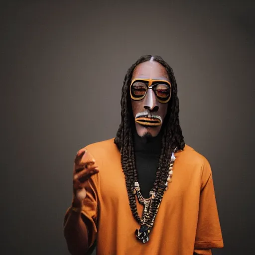 Prompt: dark brown African mask resembling snoop dogg, photography, realistic