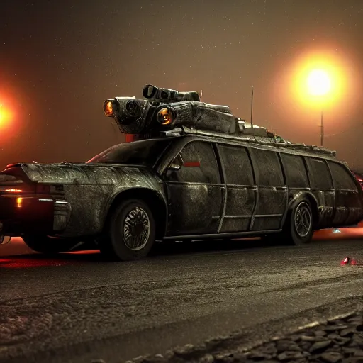 Image similar to armored hearse with machine guns on a dark scary road at night by Paul Chadeisson, atmospherical, high detail, sci-fi, cinematic, Artstation trending, octane render