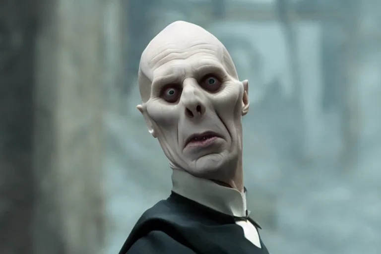 Prompt: film still of Steve Buscemi as Lord Voldemort with no nose in Harry Potter movie