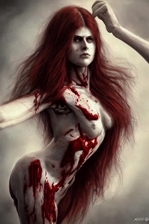 Image similar to woman skeleton body!!, black bones!!, covered with blood, alexandra daddario face!!, long red hair, ultra realistic, concept art, intricate details, highly detailed, photorealistic, octane render, 8 k, unreal engine. retro film still, heavy grain, 3 5 mm, art by artgerm and greg rutkowski and alphonse mucha