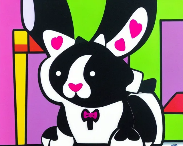 Image similar to a very cute black bunny, black fur with white puffs, fine art by romero britto