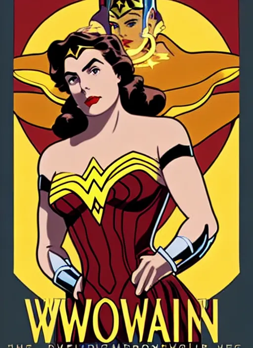 Image similar to well - lit art nouveau portrait of ingrid bergman as wonder woman in the poster for the 1 9 4 8 film'wonder woman versus the robots '. beautiful. powerful, natural lighting, path traced, highly detailed, high quality, cartoon, digital painting, by don bluth and ross tran and studio ghibli and alphonse mucha