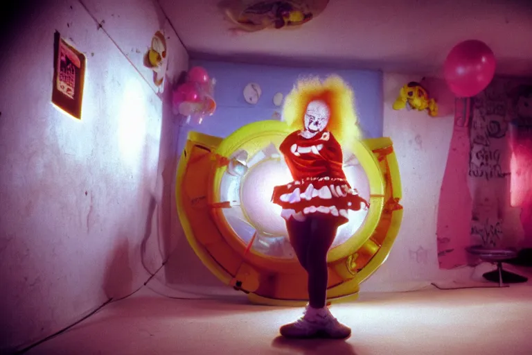 Image similar to clowngirl in clowncore funhouse, in 2 0 5 5, y 2 k cutecore clowncore, low - light photography, bathed in the glow of a crt monitor, still from a ridley scott movie