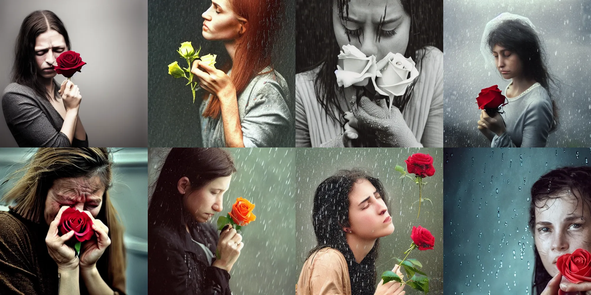 Prompt: a photo of a young teary - eyed woman clutching a small rose in the rain!!!!!!!!!!, photorealistic!!!!!, photo by annie leibovitz, moody, highly detailed