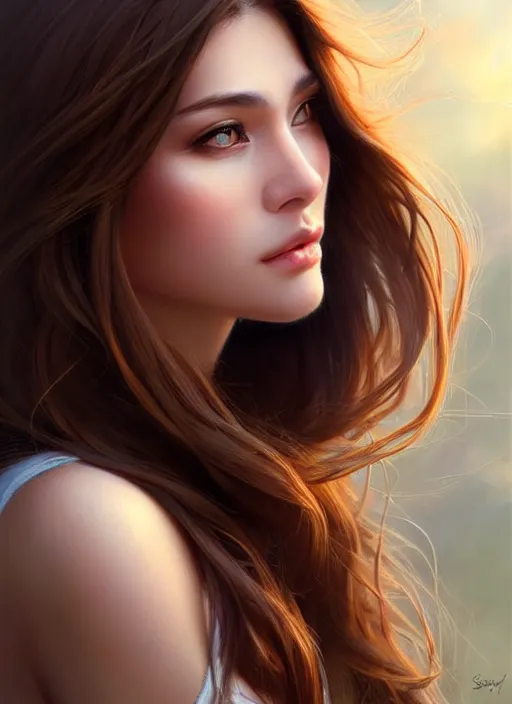 Image similar to a gorgeous female with long brown hair in the style of stefan kostic, intimate, realistic, full body shot, wide angle, sharp focus, 8 k high definition, insanely detailed, intricate, elegant, art by stanley lau and artgerm, floating embers